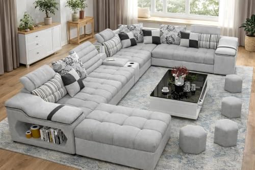 Image of Avion COMFORA U Shape 12 Seater Sofa Set for Living Room | Interchangeable U-Shaped Sectional Sofa Set with Cup Holder with 4 Puffy for Living Room & Office