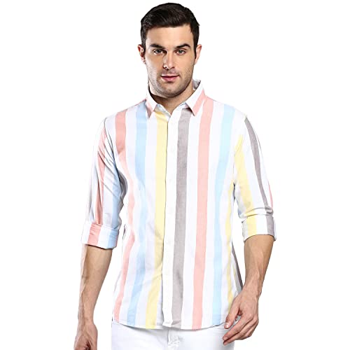 Image of Dennis Lingo Men's Striped Slim Fit Oxford Cotton Casual Shirt with Spread Collar & Full Sleeves