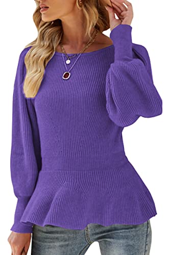Image of Womens Fall Puff Sleeve Peplum Casual Slim Fit Knit Pullover Sweater Jumper Tops