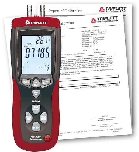 Triplett DPR400 Differential Airflow Meter/Pitot Tube Anemometer with Certificate of Traceability to NIST - Pressure, Air Velocity, Air Flow, Temperature