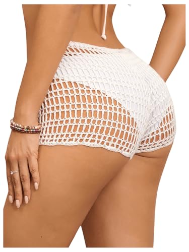 SHENHE Women's Crochet Coverups Hollow Out Tie Waist See Through Boho Shorts2