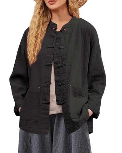 IXIMO Women's Linen Shirt Jakctes Vintage Cotton Long Sleeve Blouses Chinese Style Tunic Tops
