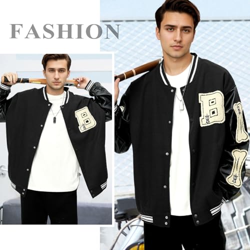 Image of Mens Varsity Jacket Baseball Bomber Jacket Vintage Unisex Streetwear Coats with Patchwork Hipster Utility Tops
