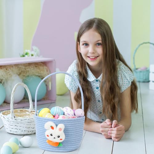 Image of DERAYEE Easter Basket with Handle, Cute Bunny Carrot Basket Easter Egg Hunts Gift Baskets for Easter Party Favors Candy Gifts Storage (Blue)