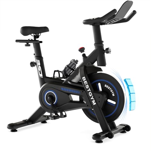 Exercise Bike, Low Noise Indoor Cycling Bike with 330lbs Weight Capacity, Adjustable Resistance Stationary Bikes with App Compatible, Adjustable Comfortable Seat, Tablet Holder, Water Bottle Holder (Magnetic Resistance)