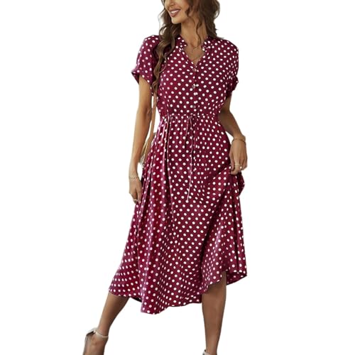 Leinen Kleid Damen Wickelkleid Maxi Rundhals Ärmellos Tunika Kleider mit Knopfleiste Elegante Chiffonkleid Polka Dots Kleid A-Linien Freizeitkleider...