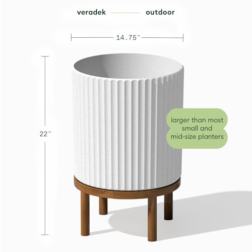 Image of Veradek Demi Series Raised Planter - Round Planter with Stand | Made From a Durable Plastic-Stone Composite & Comes With Wooden Stand. Modern Porch /Patio Decor