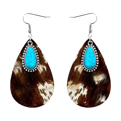 Cow Tag Earrings, Big Cow Print Leather with Cow Hair Western Earrings for Women Cowgirl, Zinc, No Gemstone Cover