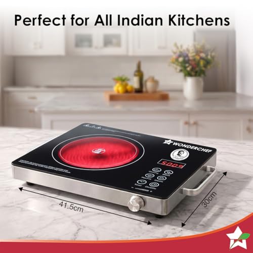 Image of Wonderchef Evita Infrared Electric Cooktop with Crystal Glass Surface, 2200W, Led Display, Compatible with Steel,Ceramic,Cast-iron,Aluminium Cookware, Auto Cut-off, 2-Yr Warranty