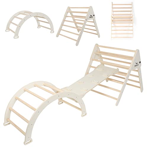 FOOWIN 6 in 1 Foldable Climbing Triangle Set,pikler Triangle Climber for Kids,Montessori Climber Ladder Toys,Triangle Toddlers Rock with Ramp, Jungle Gym Slide Arch Ramp Indoor (Natural Wood Set of 3)