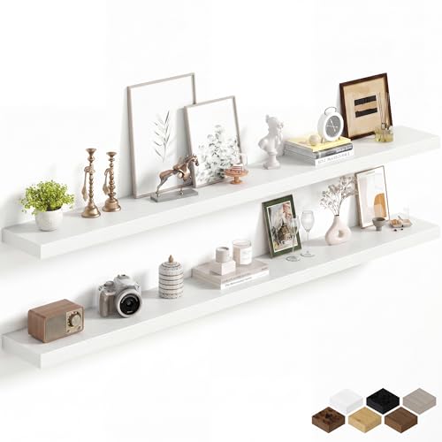 Image of Fun Memories 72Inch Long Floating Shelves, 8 Inch Deep Shelves for Bedroom|Living Room, Wall Mounted Wood Hanging Shelf with Invisible Brackets for Fireplace Mantel Home Storage Decor, White - 2 Pack