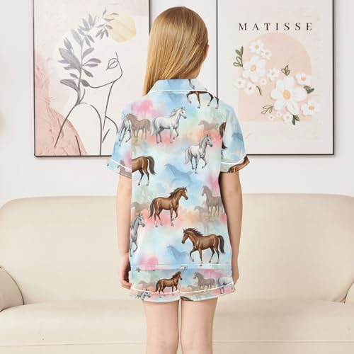 Satin Pajama Sets Short Sleeve Horses Running on Colorful Button Down Silky Nightwear 2 Piece PJS 5-14Y4