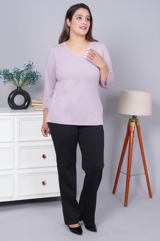 Image of Mlada V-Neck Cotton 3 /4th Sleeves Tshirt for Women | Stretchable Regualr Fit Solid Cotton Tshirts | Casual 3 /4th Sleeves Tshirts for Women Office Wear | Solid Round Neck Tshirt