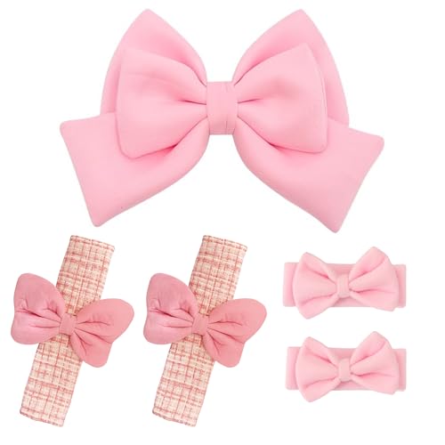 Image of 5PCS Pink Bow Car Accessories Set for Women, Cute Adhesive Pink Bow for Exterior, 2 Seat Belt Cover Pads & 2 Handle Covers, Soft Girly Car Interior Decor Gift for Teens & Girls