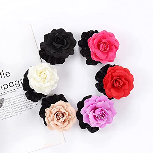 6 Pack Colorful Handmade Rose Flower Hair Bow Wreath Garland Elastic Stretchy Velvet Hair Ties Ponytail Holder Band Scrunchies Ring For Women Wedding Bridal Party Hairstyles Decoration #TOP2