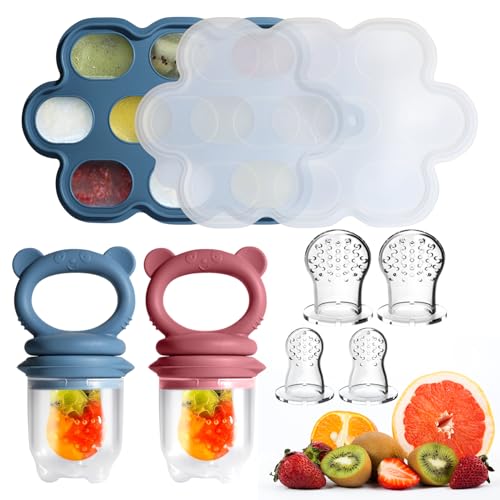 Baby Food Feeder Set, 2 Packs Fruit Feeder & Breastmilk Popsicle Molds Freezer Tray with Lid, Silicone Fruit Feeder to Teething Relief, Introduce New Foods, Baby Feeding Essentials(Blue+Red)