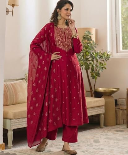 Image of ANNI Designer Women's Viscose Straight Printed Embroidery Kurta with Pant & Dupatta | Long Sleeve Ethnic Kurta Set for Women | Casual Office, Daily, Party Outfits