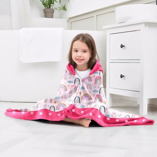 Image of Rainbow Girls Beach Towel with Hoodie for Kids Toddlers Age 4-8, Pink Bath Towels Shower Wrap for Girls, Hooded Poncho Beach Blanket for Pool Swimming Cute Wearable Bath Towel for Child