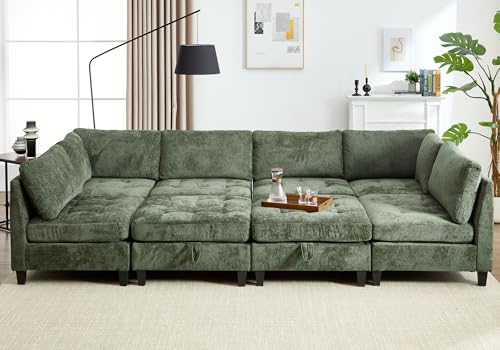 Luxe Oversized Modular Sectional Sofa, Modern Chenille Convertible Sleeper Sofa with Storage Ottoman, Comfy Deep Seat U-Shaped Cloud Couch for Living Room（Green，6-Seater + 2 * Ottoman + Tea Tray）