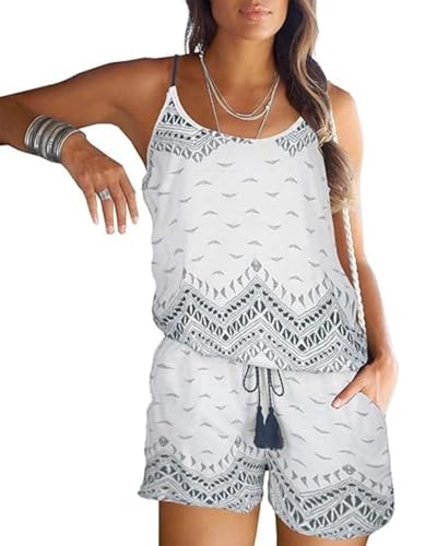 JFAN Mono de Una Pieza Camiseta sin Mangas con Estampado Floral para Mujer Pantalones de Verano Ropa de Playa Informal Ropa de Playa Elegante(Blanco,M)