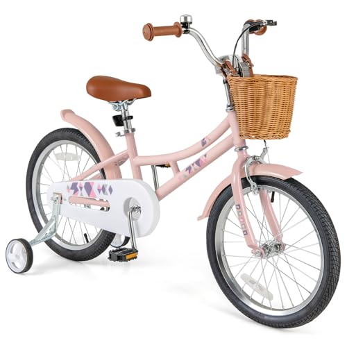 Image of BABY JOY Retro Kids Bike, 12 14 16 18 Inch Child Bike for 3-8 Years Old w /Rattan Basket, Adjustable Height, Training Wheels, Fenders, Handbrake Coaster Brake, 95% Pre-Assembled Kids Bicycle for Girls
