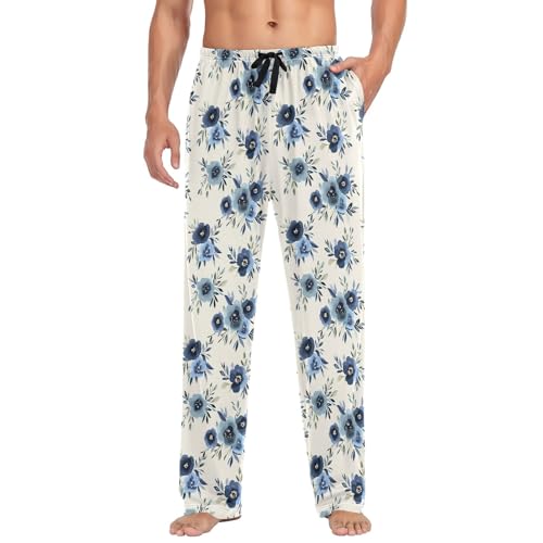 Mens Cotton Pajama Pants Sleep Lounge Pj Bottoms Sleepwear with Pockets Drawstring S Dark Blue Flower