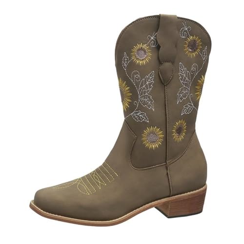 Womens Sunflower Embroidered Low Chunky Heel Mid Calf Boots Fashion Square Toe Pull On Cowboy Cowgirl Boots Winter Walking Western Boots