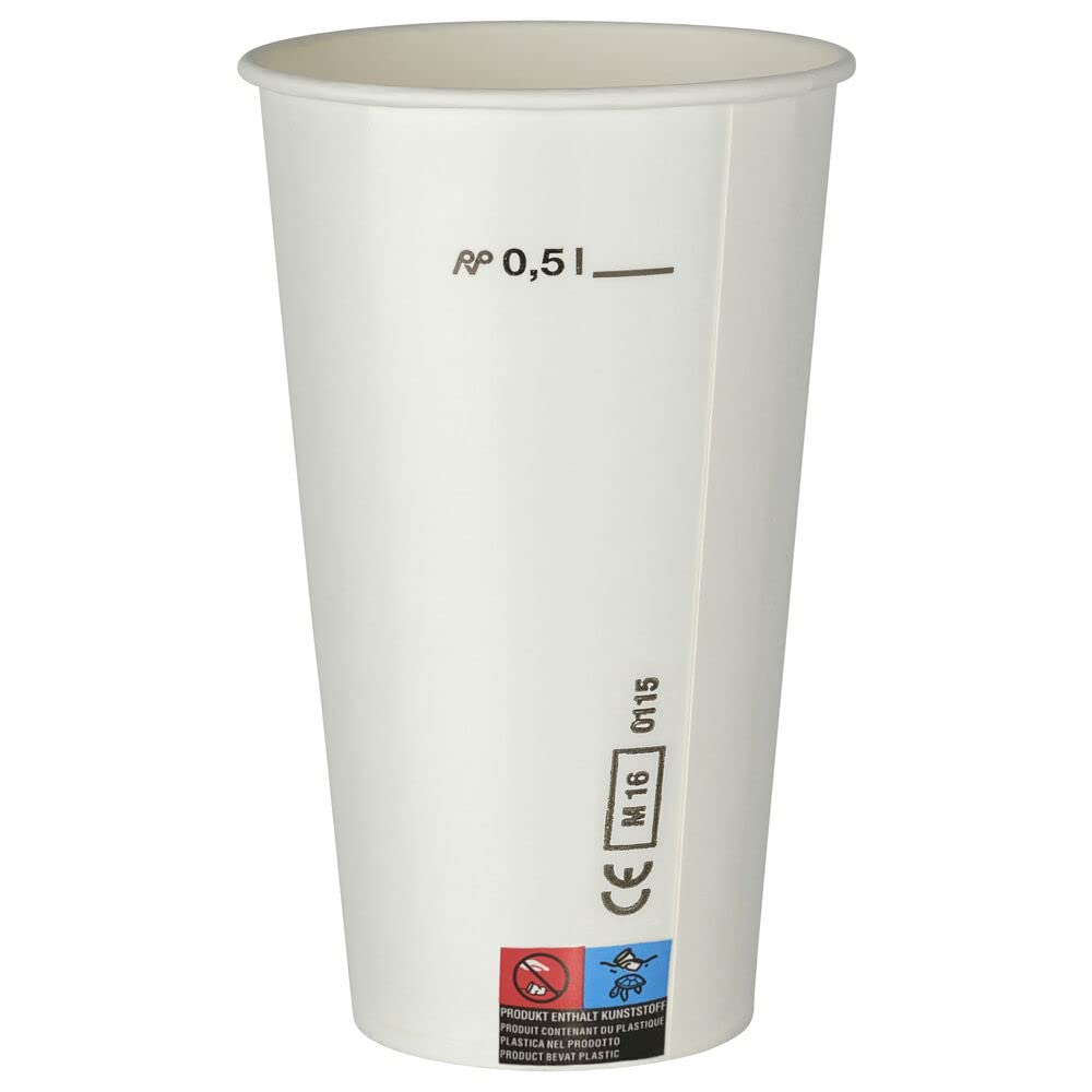 FALAMBI 1000 Stk. Kaltgetränkebecher Pappbecher weiß mit CE Eichstrich 500 ml Einwegbecher konisch Klassiker für Heiß- und Kaltgetränke Zuhause
