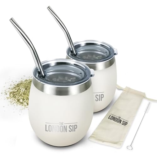 London Sip Yerba Mate Cup and Bombilla Set, Includes 2 Gourds (8 oz each), Spill Resistant Lids, Straws, Bombilla Brush and Pouch Included, Black (2, Pearl White) by The London Sip - Used condition - US$12.99