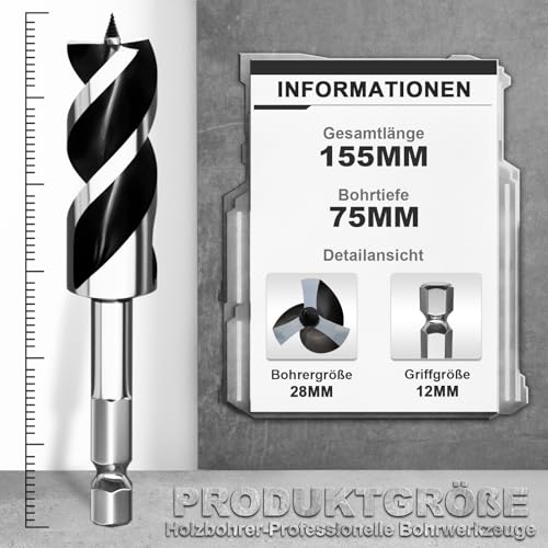 METOTY 28mmx155mm Holzbohrer, 12mm Sechseckschaft, Extra-Lang mit Schnellwechsel. 3-Schneiden-Design mit Doppelgewinde für schnelle Spänebeseitigung, für Hartholz, Nadelholz, PVC, Gipskarton.