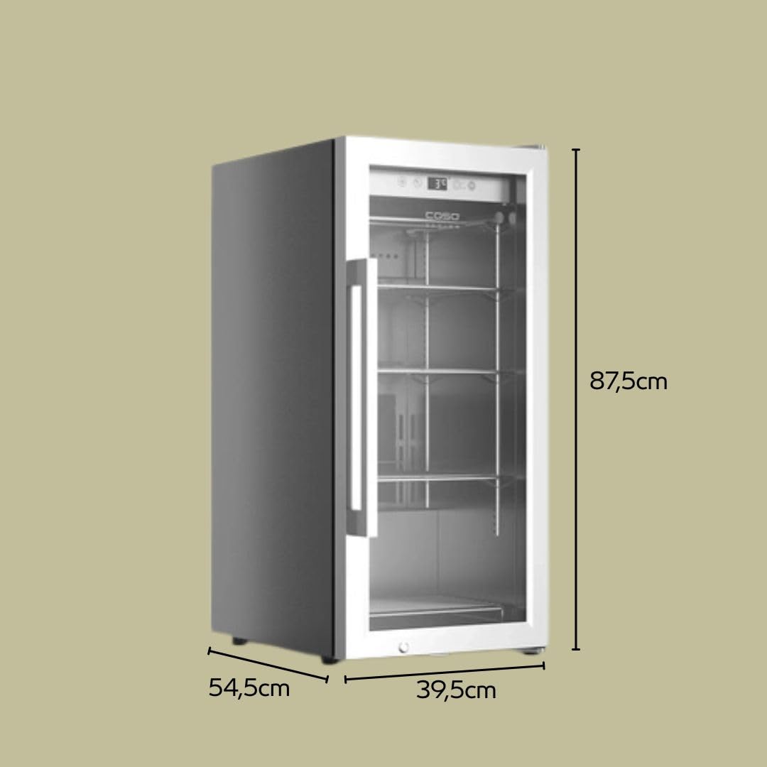 Caso Dry Aged Reifeschrank Silber, Dry Aged Master 63, 63L, Antibakterielles UV-Licht, Edelstahlhaken, Temperatur 2-14°C, Kompressor Kühlung, Abschließbar – Für Perfektes Fleischreifung & Präsentation