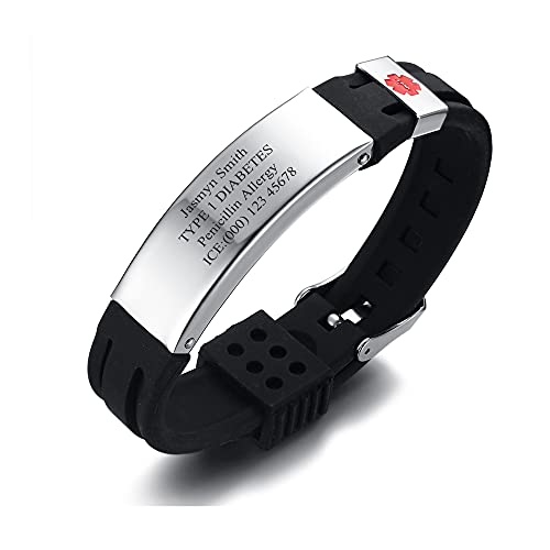 Image of PJ JEWELLERY Personalised Customised Silicone Sport Wristband Stainless Steel ID Plate Medical Alert Bracelets SOS Emergency Sports Outdoor Daily Bracelet for Mens Teens Adjustable