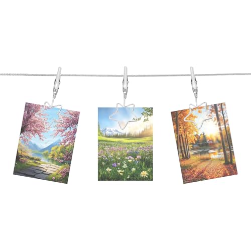 QUARKZMAN Cavo in Acciaio per Appendere Foto al Muro con 10 Clip a Forma di Stella, 5Ft Cornice Regolabile per Appendere Foto Collage Decorativo per Appendere Foto Note Cartoline Argento