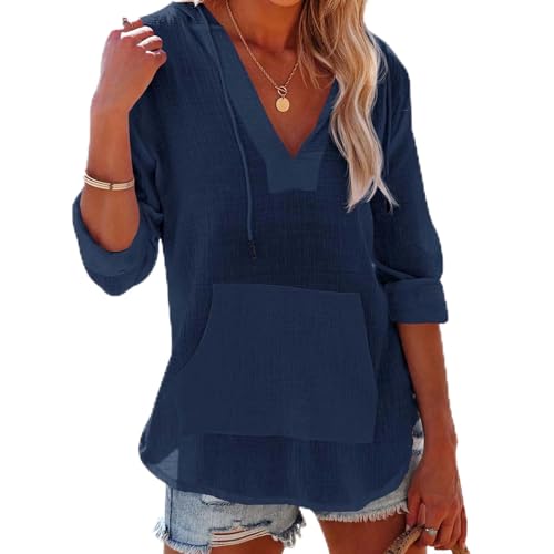 Women's V-Neck Hooded Beach Cover-Up Linen Long Sleeve Beach Cover Up Sweatshirts Hoodies Pullover Tops with Pocket