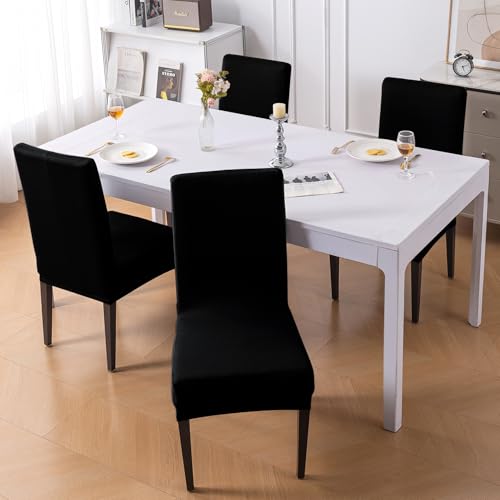 Image of HOKIPO 'SereneSolids' Stretchable 140 GSM Dining Chair Cover, Fully Covered - Set of 4, Black (AR-6246-BLK)