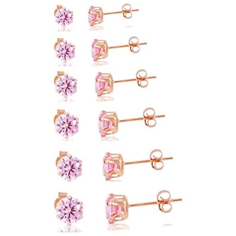 findout Gold Plated Titanium Steel Elegant Classic Round 3 4 5 6 7 8mm 6 Pairs Cubic Zirconia Pink Crystal Stud Earrings Gift for Women Girls Child (f1820) (Rose Gold Plated Pink Crystal 6 Pairs Set) Cover