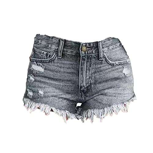 JEKE-DG Women Denim Shorts Casual Summer Mid Waist Stretchy Denim Jean Stretch Frayed Ripped Raw Hem Jean Shorts (Large,Grey)