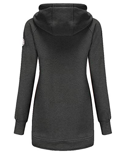 ELFIN Damen Lange Kapuzenpullover Zipper Hoodie Herbst Winter Pulli Sweatjacke mit Reißverschluss, Dunkel Grau, XXL