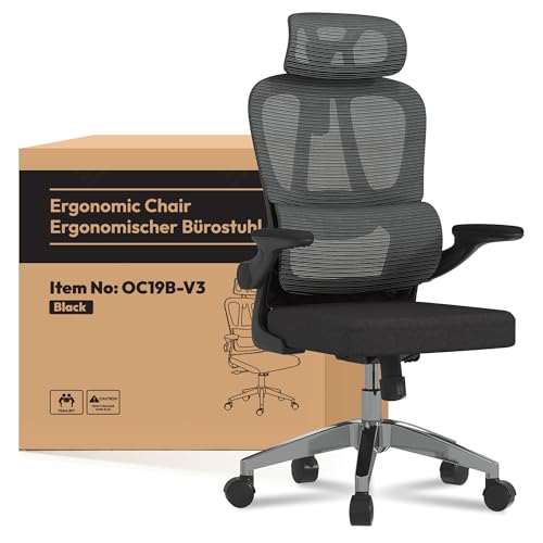 FLEXISPOT Ergonomischer Bürostuhl, Schreibtischstuhl mit 2D-Kopfstütze, Klappbare Armlehnen & Dynamische Lendenstütze, Stuhl mit 120° Wippfunktion für Homeoffice, Arbeitszimmer, Büro (Schwarz)