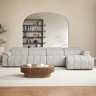 KEIKI 145" L-Shaped Genuine Leather Wall-Hugger Reclining Sofa with Right Chaise, Adjustable Backrest & Footrest, Modern Electric Control 4-Seater Couch with USB, for Living Room, Light Grey