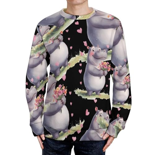 Hippopotamus Flowers Love Heart Men's Crew Neck Sweater Knit Pullover Women Casual Long Sleeve Crewneck Loose Fit Top