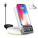 XiMinno S7 Smart Nachttischlampe mit Ladefunktion, 15W Qi Induktionsladegerät mit automatischer Positionierung, LED-Nachtlicht, Wecklicht, Uhr, für Apple iPhone Samsung usw.