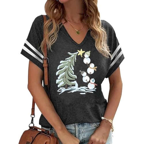 Christmas Shirts Women V Neck Merry Christmas Santa Claus T-Shirts Xmas Holiday Graphic Tee Tops, Dark Grey-4, S