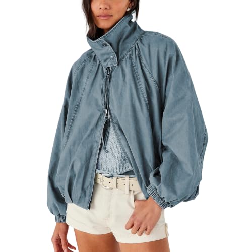 Yaykio Women Oversized Bomber Jacket Funnel Neck Zip Up Batwing Sleeve Fall Outerwear Coats Casual Outfits with Pockets(Dusty-Blue,S)