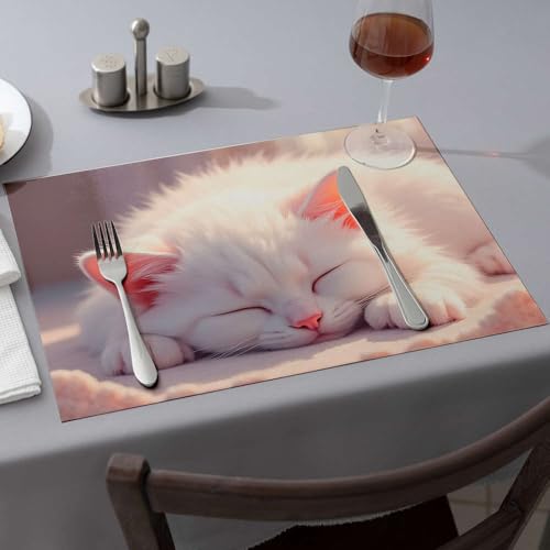 Cucina e sala da pranzo, un soffice gattino bianco che dorme pacificamente tovagliette da pranzo moderne decorazioni per feste occidentali (6 pezzi)