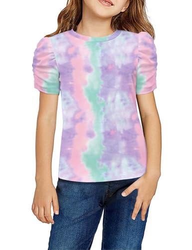 Image of Arshiner Girls Puff Short Sleeve Shirts Summer Ribbed Knit Crewneck T Shirt Tops Tee Blouse