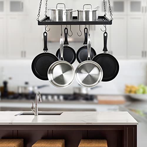 Soduku Pot Pan Rack With Shelf Grid, Ceiling Mounted Hanging Multi-Purpose Wood & Metal Cookware Hanger Organizer Kitchen Storage With 10 Hooks Espresso #TOP1