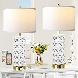 QiMH White Ceramic Table lamp Set of 2, Modern Bedside Nightstand Lamp for Living Room Bedroom Decor, 3 Way Dimmable Touch Control LED Light with Dual USB, Linen Fabric Shade Farmhouse Lamps