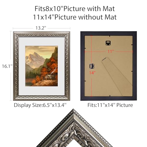 Image of 11x14 Vintage Picture Frames, Antique Picture Frame with White Mat for 8x10 Picture, Ornate Picture Frame for Wall Decor, 2 Pack Silver Frame, Silver