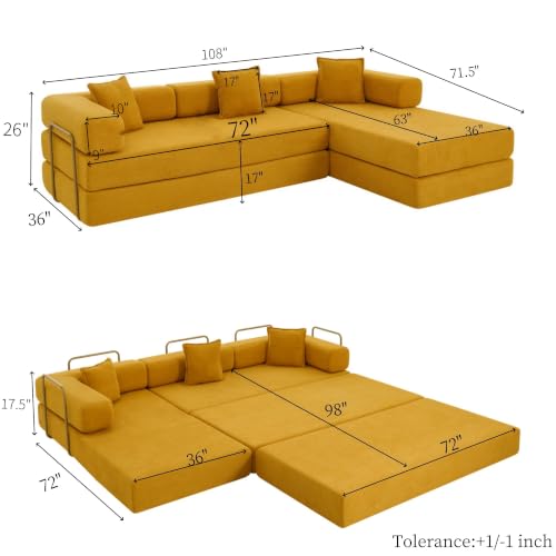 Image of HANXIN 108 inch Modular Sectional Sofa,Futon Convertible Sofa Bed,Oversized Corduroy Boneless Couch for Living Room,Floor Loveseat Sleeper with Pull Out Bed,Free Combination,No Assembly Required (Yellow)